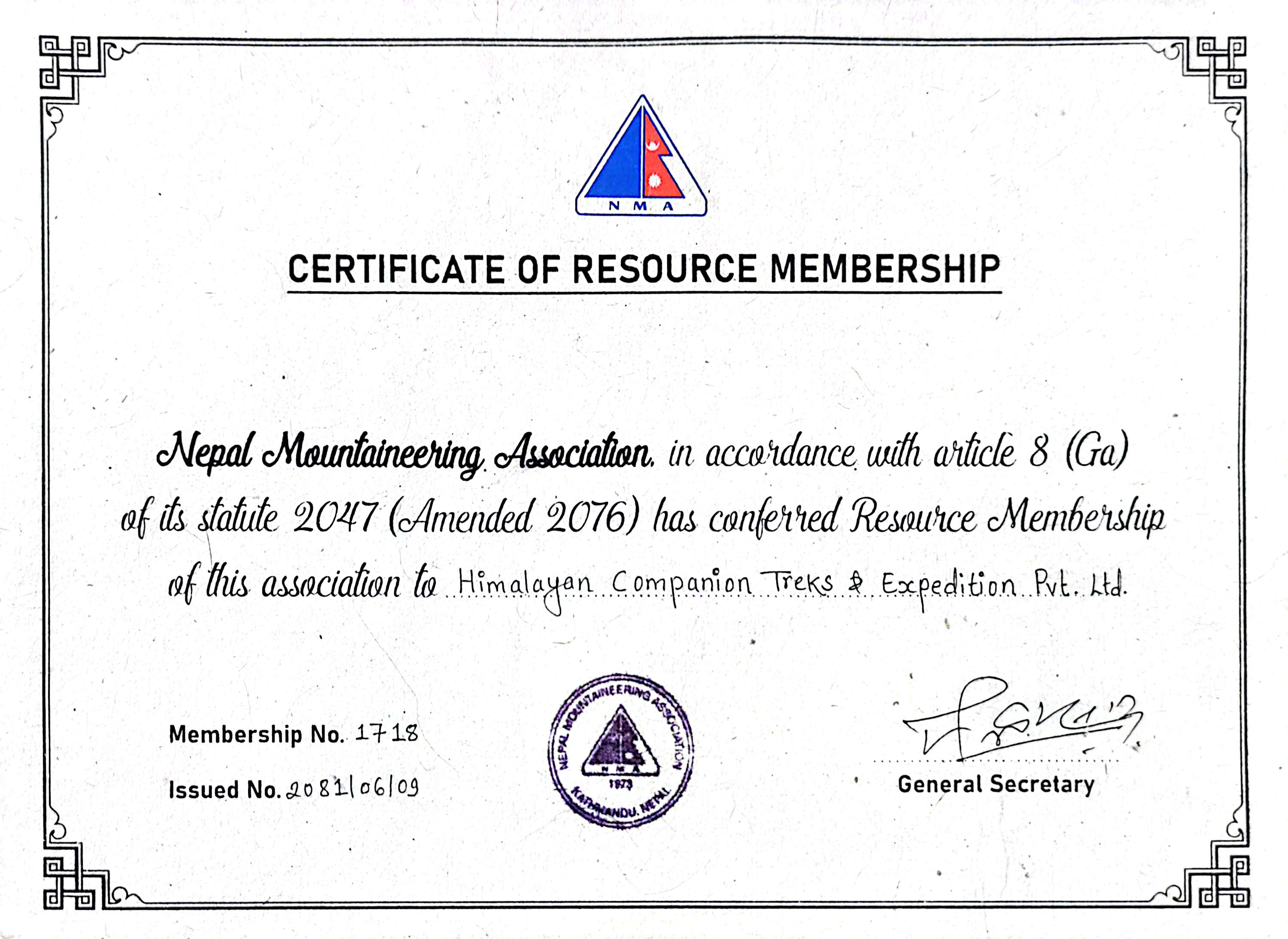 NMA Certificate 